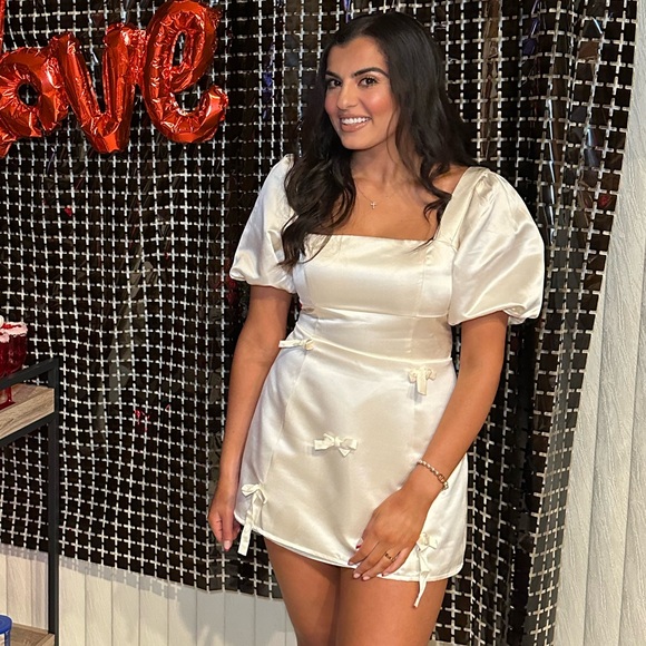 LULUS Lovely Simplicity Champagne Satin Puff Sleeve Bow Mini Dress - Picture 2 of 5